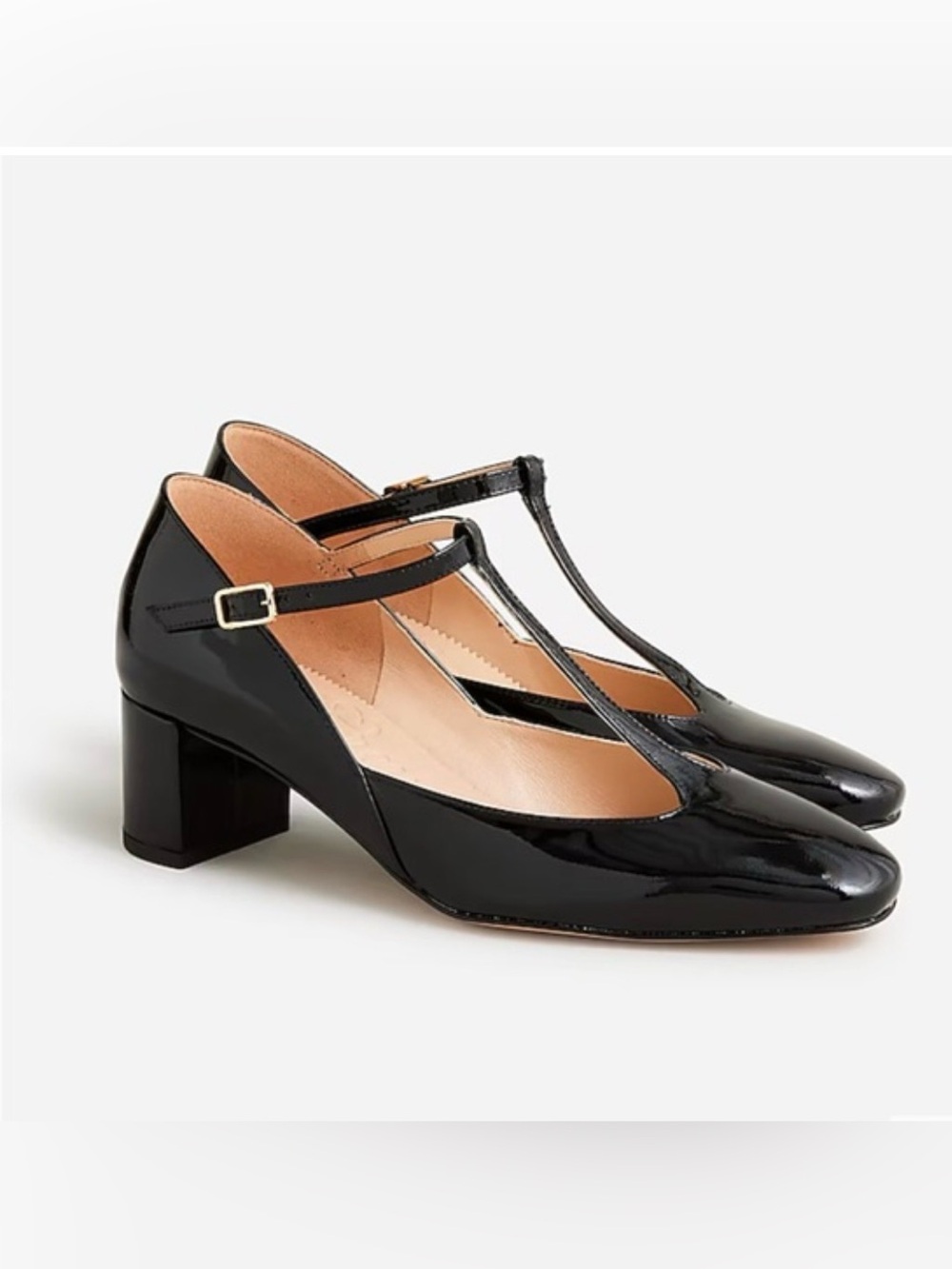 J. Crew MILLIE Black Patent Leather Glossy T Strap Block Heel Classic Shoes